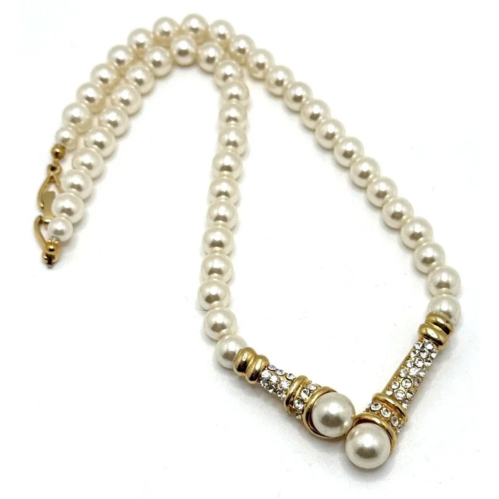 Faux Pearl Rhinestone Choker Necklace Gold Tone Statement 18